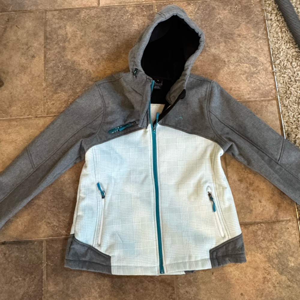 Women's Gray, Teal, and White Hooded Ski Jacket